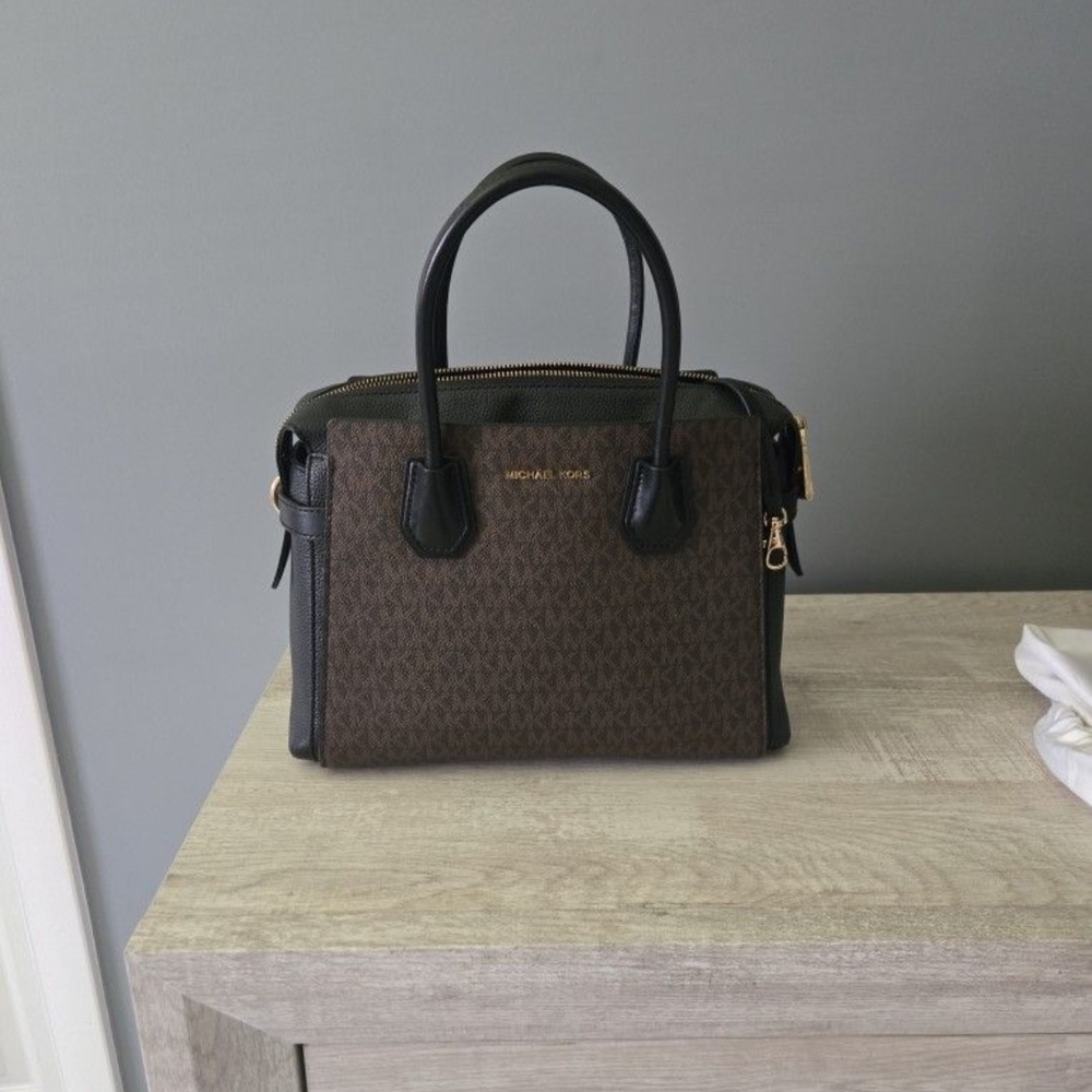 Michael Kors Brown and Black Satchel with Logo Pattern